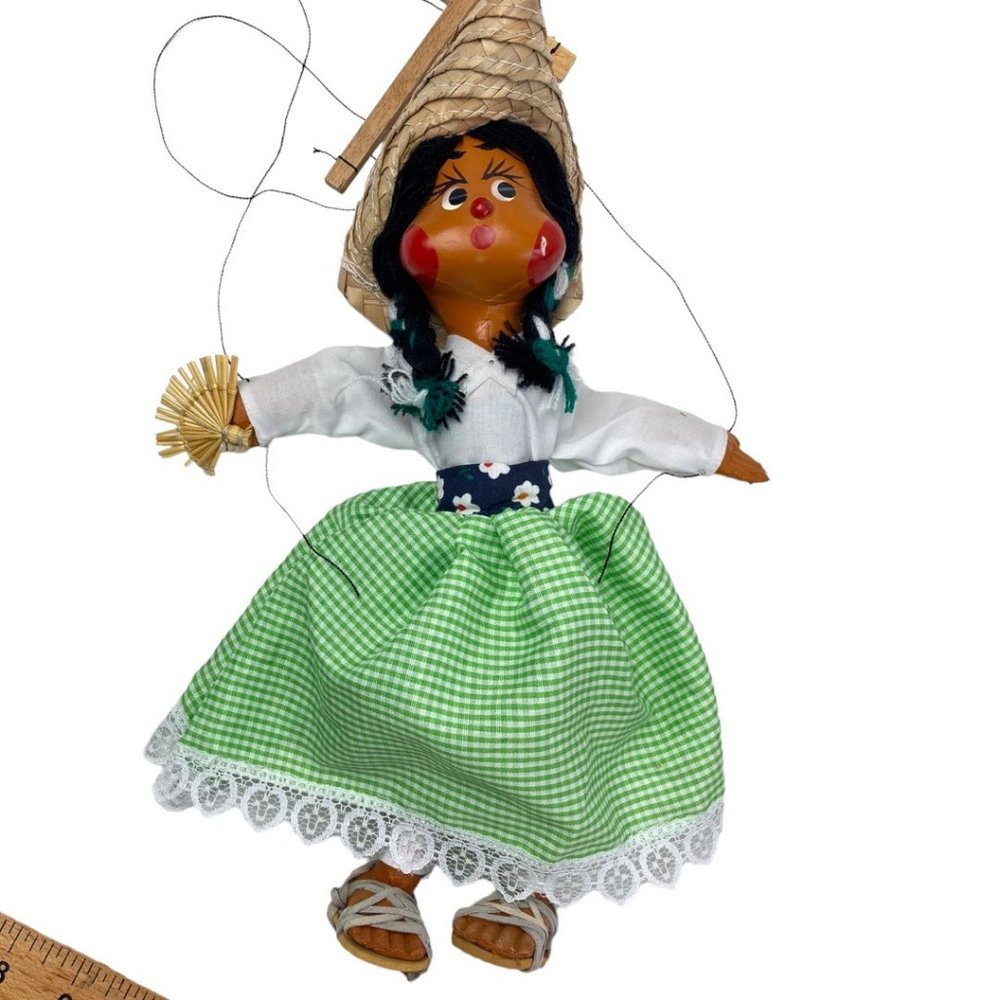 Vintage Hispanic Girl Hand Made Oil Cloth Doll Marionette Puppet 13”